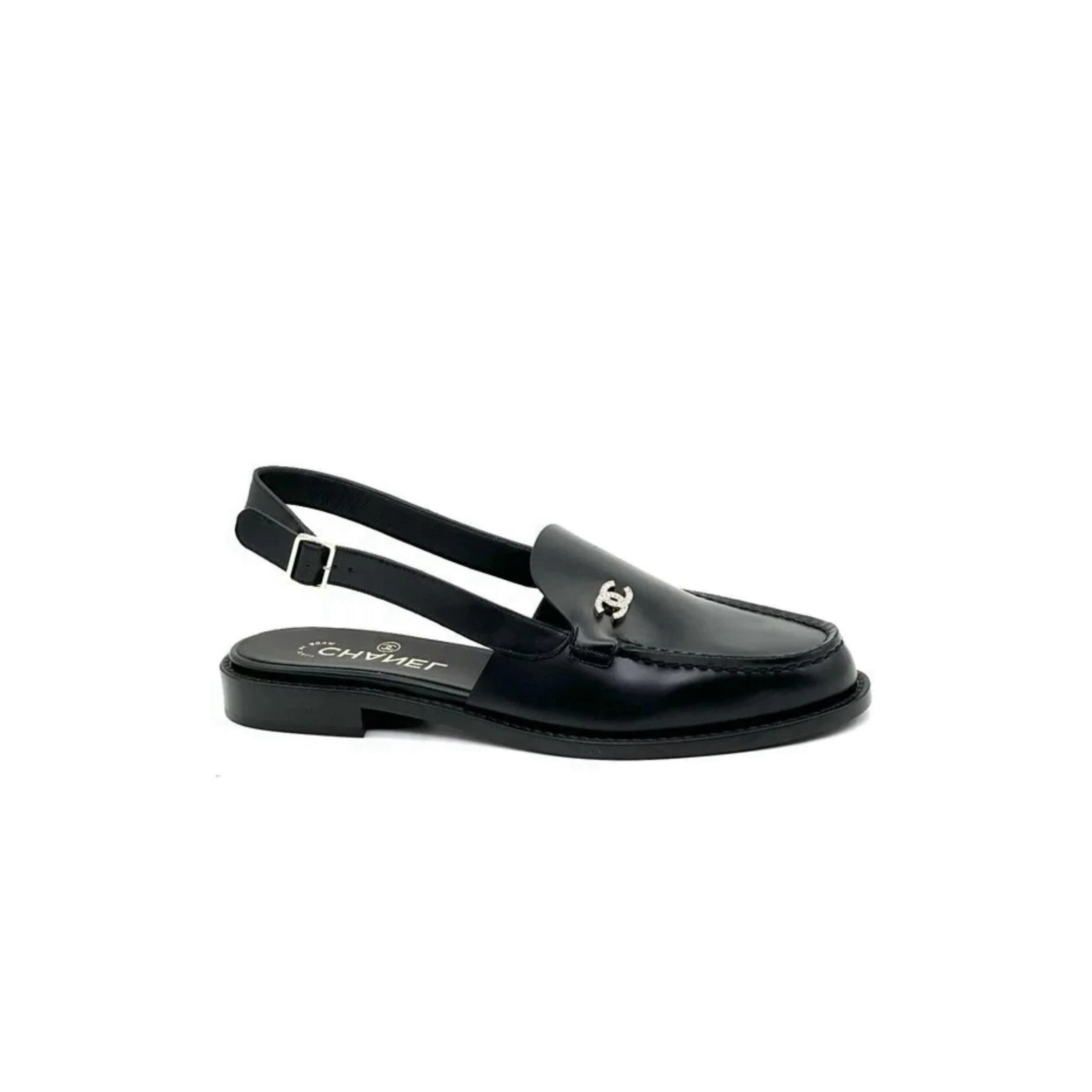 CHANEL 25P CRYSTAL CC LOGO LEATHER SLINGBACK FLAT LOAFERS SANDALS 